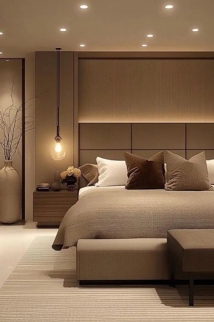 Chambre moderne et minimaliste avec lignes &eacute;pur&eacute;es et palette monochromatique apaisante