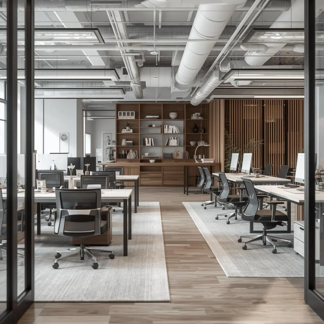 Bureau moderne en open space favorisant le travail d'&eacute;quipe avec une esth&eacute;tique professionnelle &eacute;pur&eacute;e