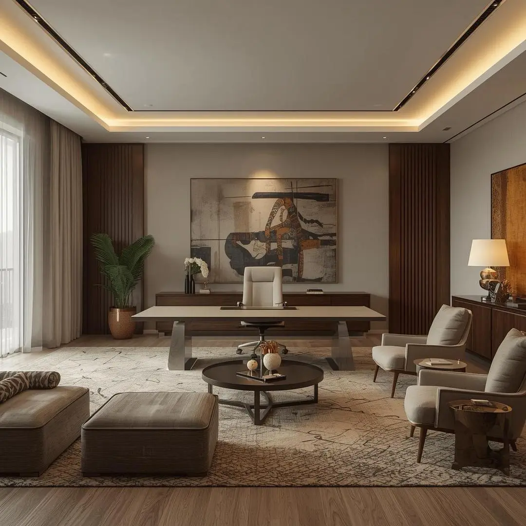 Bureau &eacute;l&eacute;gant et &eacute;quilibr&eacute; fusionnant design moderne et chaleur accueillante