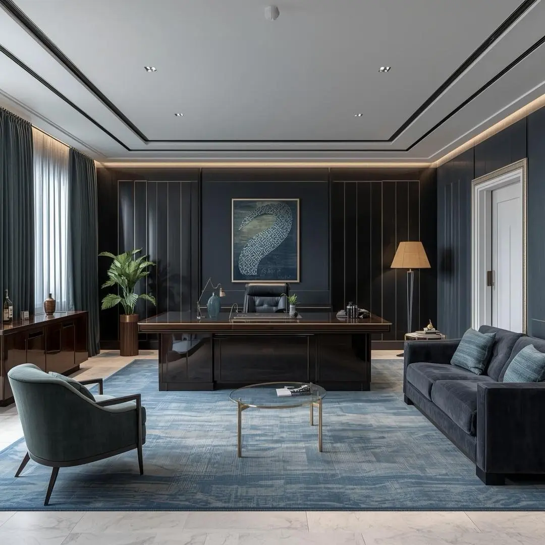 Bureau luxueux et audacieux avec palette de couleurs sombres riches et surfaces r&eacute;fl&eacute;chissantes