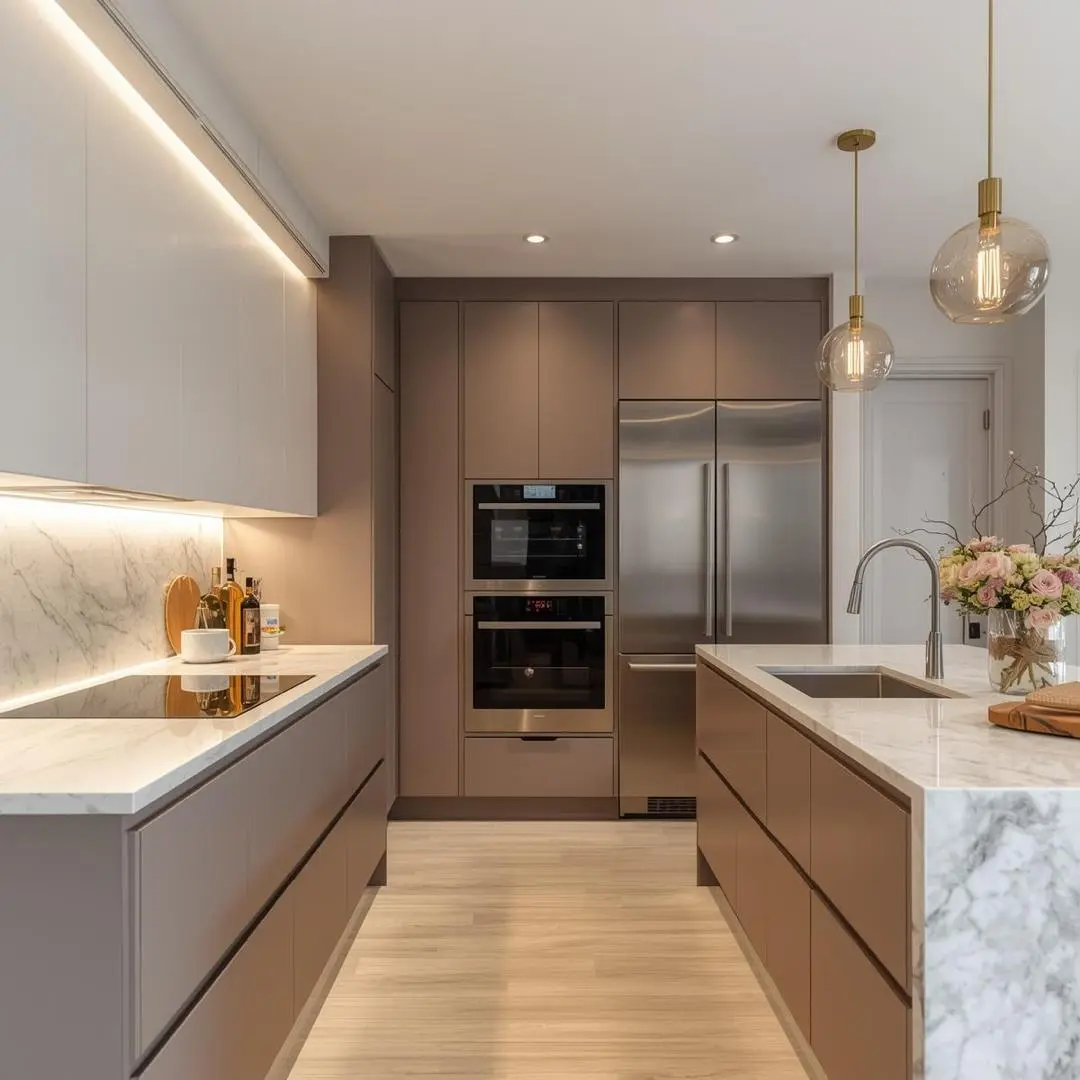 Cuisine contemporaine et chaleureuse alliant minimalisme contemporain et tons chaleureux et accueillants