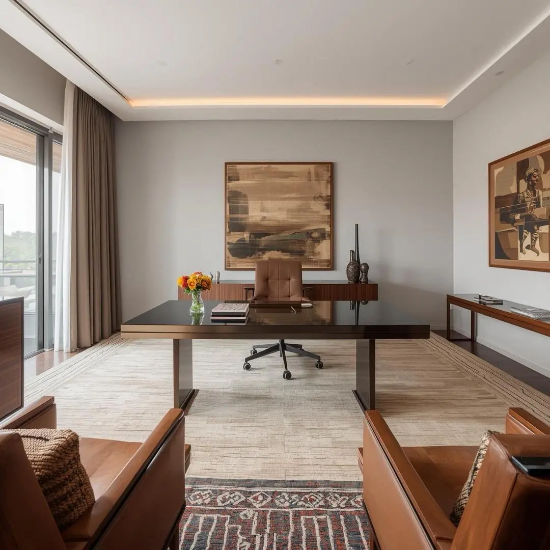 Bureau raffin&eacute; et minimaliste avec lumi&egrave;re naturelle et esth&eacute;tique sereine et &eacute;pur&eacute;e