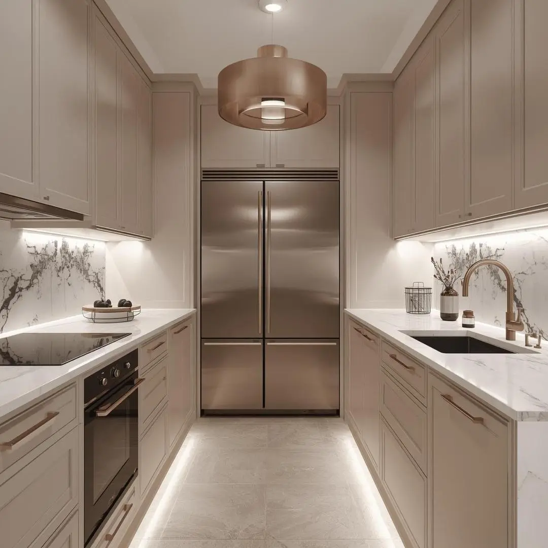 Cuisine &eacute;pur&eacute;e et moderne avec rangements profil&eacute;s et appareils haut de gamme