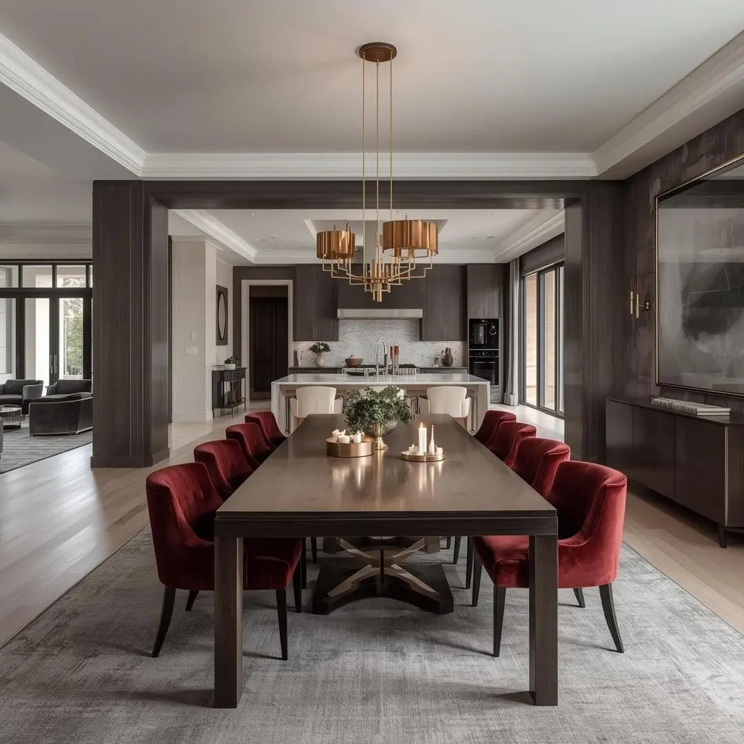 Espace de vie contemporain avec riche palette de couleurs sophistiqu&eacute;e et lignes &eacute;pur&eacute;es