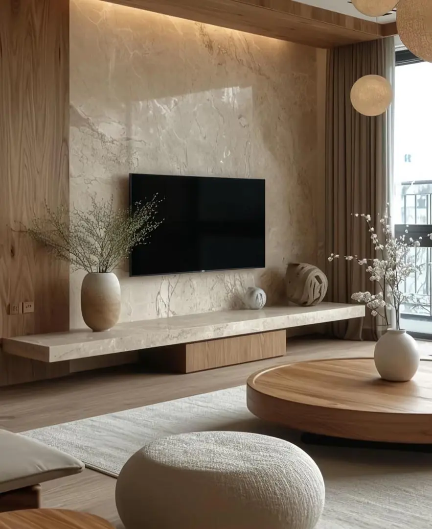 Espace de vie serein et minimaliste avec mat&eacute;riaux naturels et palette de couleurs apaisante